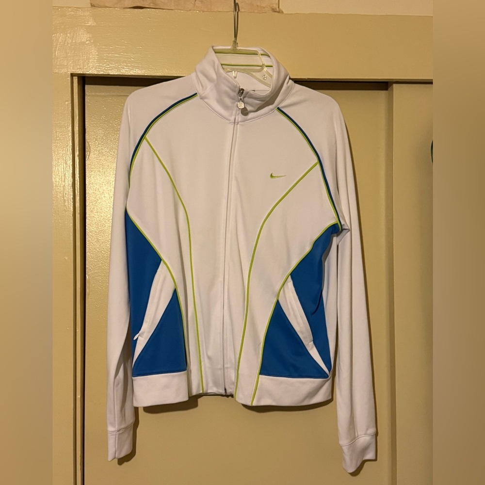 Nike Women's White Jacket with Blue and High Lighter Green Accents